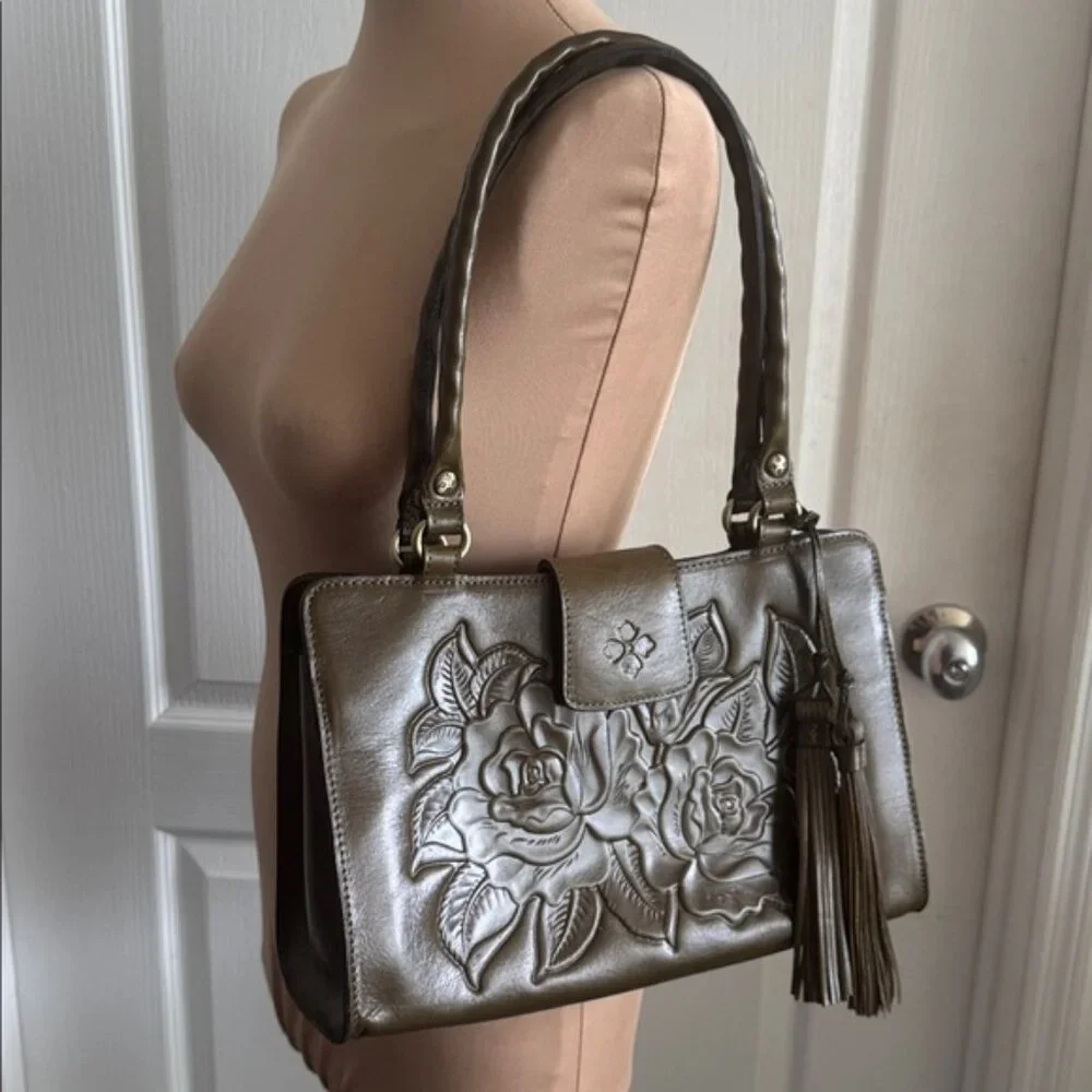Patricia Nash Rienzo Satchel Vtg Rose Tooled Leather Soft Olive Green W Tassel